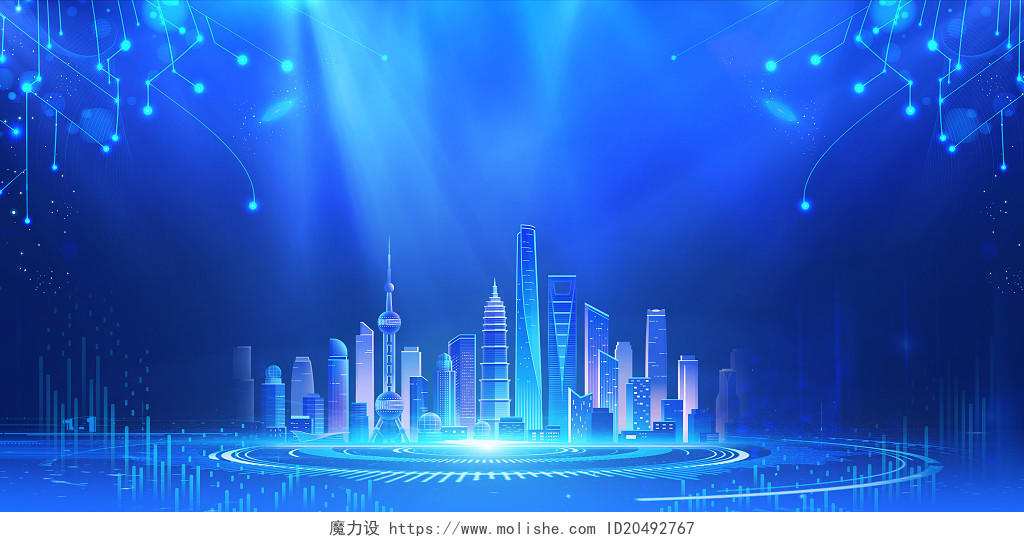 蓝色简约科技城市光效数据线科技城市模型背景图